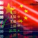 China stock market exchange analysis forex indicator trading graph chart business growth finance money crisis economy and Trade war with China flag