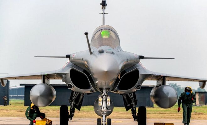 newly arrived rafale aircraft of iaf stopping in dispersal at air force station