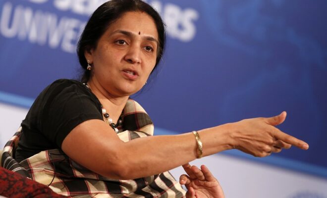 file photo: chitra ramkrishna, managing director and ceo, national stock exchange (india), participates in the future of finance panel discussion during the imf world bank annual meetings in washington