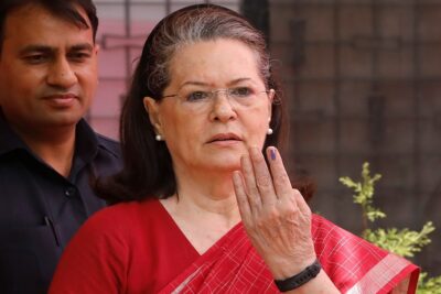 sonia gandhi, leader of india's main opposition congress party, shows her ink marked finger after casting her vote at a polling station during the sixth phase of general election in new delhi