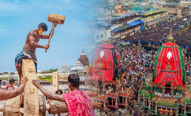 jagannath rath yatra 45 feet height 16 wheeled chariots built by chisels