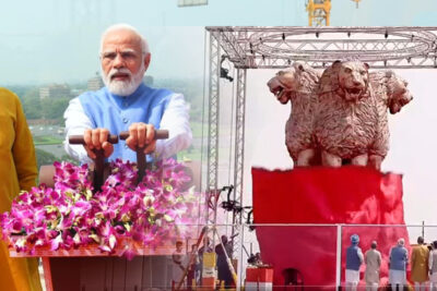 pm modi unveils ashok stambh on roof of new parliament building