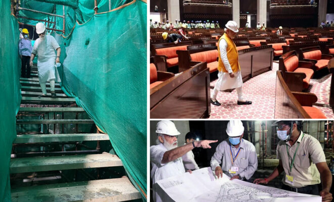 pm modi inspects construction of new parliament building in delhi
