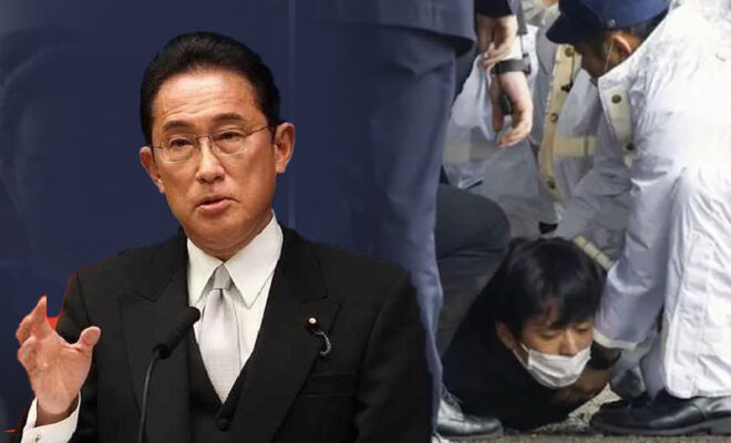 chaos after bomb like substance hurled at japans fumio kishida