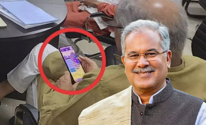 cm bhupesh baghel spotted playing candy crush in party meeting