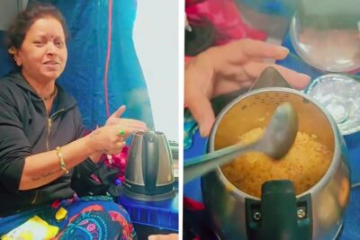 woman cooks maggi on train