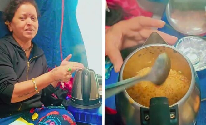 woman cooks maggi on train