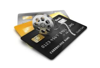 credit cards with film reel white background 3d rendering