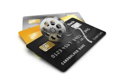 credit cards with film reel white background 3d rendering